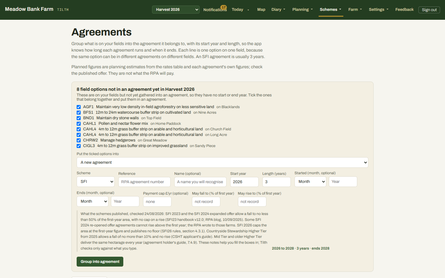 The agreements screen, showing an imported stewardship agreement with its options and yearly value.
