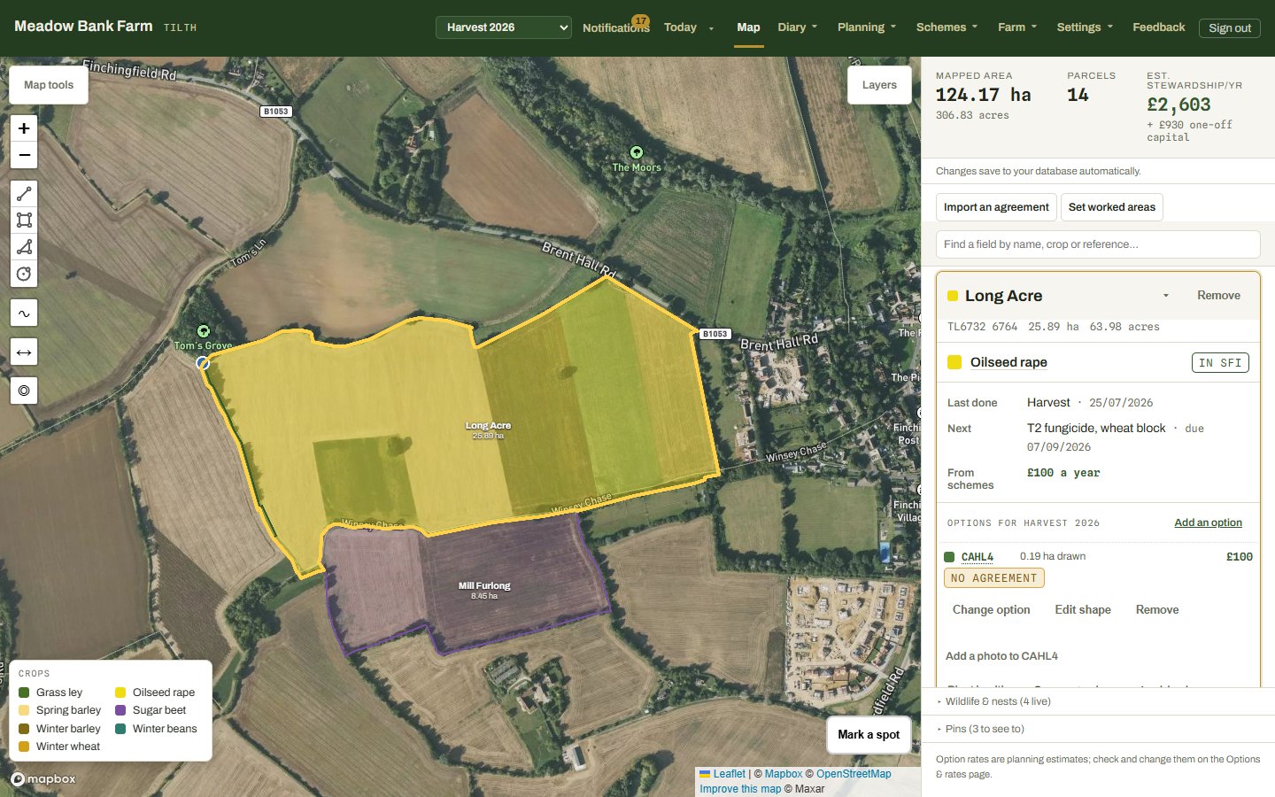 The map: a field outlined and coloured by crop over satellite imagery, with its card open beside it showing parcel reference, area, crop, last job, next job and scheme income.