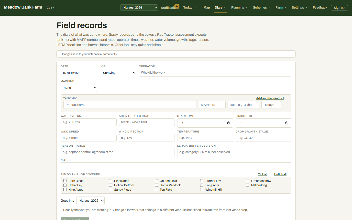 The field record form, showing the boxes a spray record carries and the list of fields a job can be ticked against.