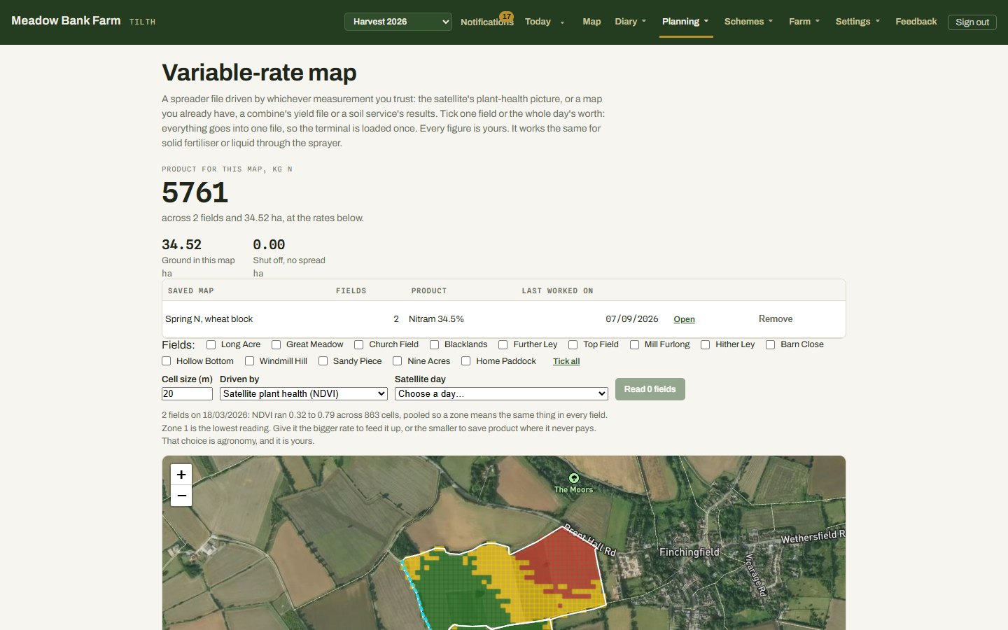 A variable rate map: a field divided into red, amber and green zones over satellite imagery, with the kilograms of product it needs worked out above it.
